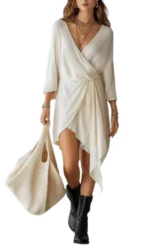 Deep V Wrap Mini Dress With Three Quarter Sleeves, Side Knot Detail And Irregular Hanky Hem For Women Casual Outfit