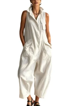 Stand Collar Sleeveless Jumpsuit With Multi Cargo Pockets And Loose Cropped Harem Pants For Women