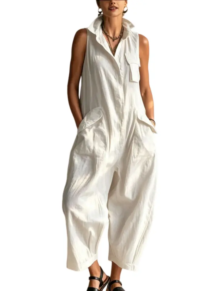 Stand Collar Sleeveless Jumpsuit With Multi Cargo Pockets And Loose Cropped Harem Pants For Women