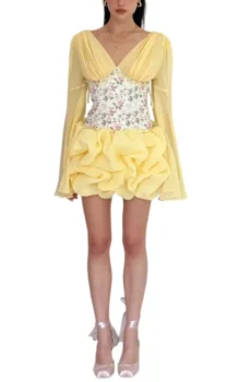 Women V Neck Flare Long Sleeve Mini Dress Floral Corset Ruffled Bubble Hem Short Party Dress