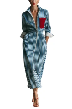 Collared Shirt Midi Dress With Vertical Stripes Contrast Red Pocket Long Rollable Sleeves And Front Button Placket For Women