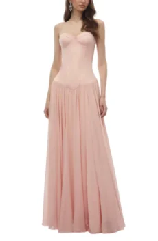 Women Spaghetti Strap Sweetheart Maxi Dress Corset Bodice Chiffon Flowy Formal Evening Gown