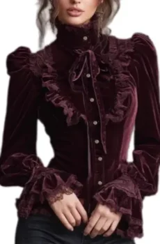 Burgundy Victorian Velvet Blouse Lace Ruffle High Neck Bow Puff Sleeve Gothic Top