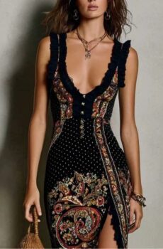 Ruffled Strap Deep V Maxi Dress With Paisley Floral Print, Side High Slit And Polka Dot Base For Women Bohemian Outfit