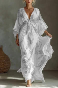 Deep V Neck Flowy Maxi Dress With Feather Print And Kimono Sleeves For Women Bohemian Occasion Outfit