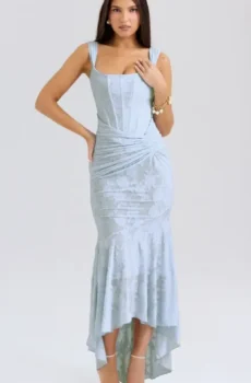 Square Neck Dress for Women Floral Burnout Sleeveless High‑Low Formal Gown Waist Twist Ruched Mermaid Dress