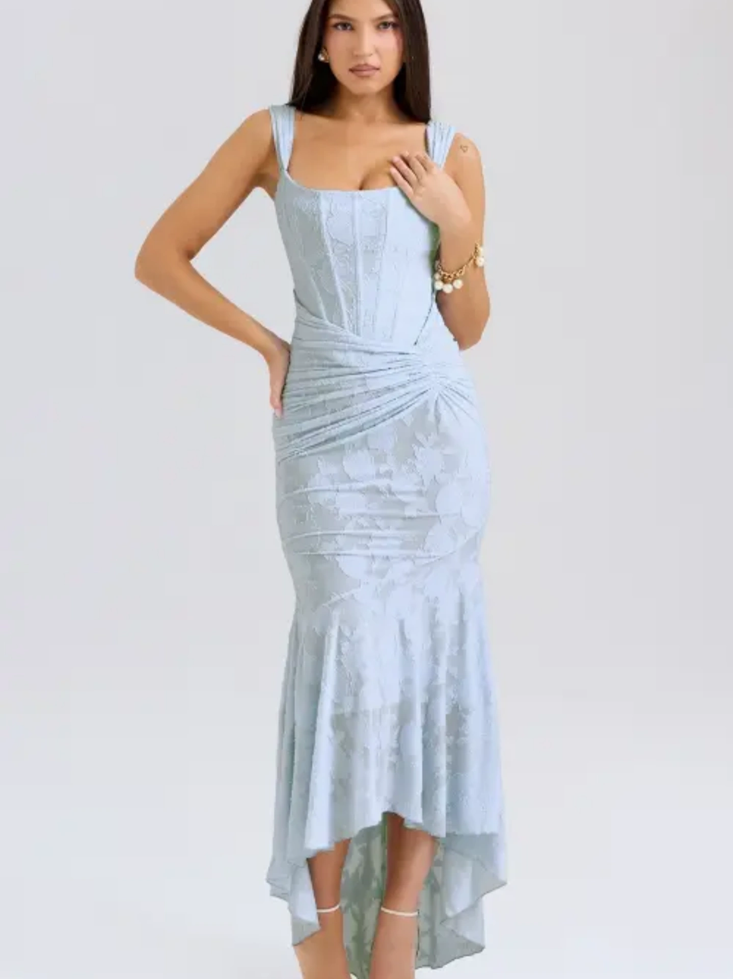 Square Neck Dress for Women Floral Burnout Sleeveless High‑Low Formal Gown Waist Twist Ruched Mermaid Dress