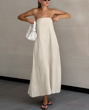 Strapless A-line Linen Long Dress - Image 3