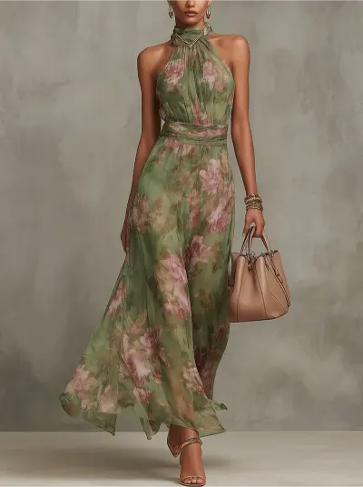 Green Floral Chiffon Halter Maxi Dress - Image 3
