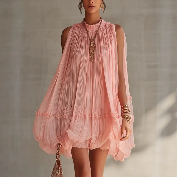 Pink Halter Neck Ruffled Chiffon Bubble Mini Dress - Image 3