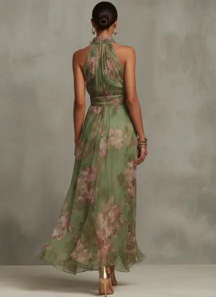 Green Floral Chiffon Halter Maxi Dress - Image 2