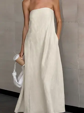 Strapless A-line Linen Long Dress - Image 5