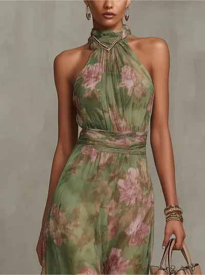 Green Floral Chiffon Halter Maxi Dress - Image 4