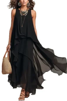 Black Chiffon Layered Round Neck Sleeveless Maxi Dress