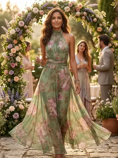 Green Floral Chiffon Halter Maxi Dress - Image 7