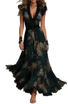 Vintage Dark Green Floral Lace-trimmed Chiffon maxi Dress