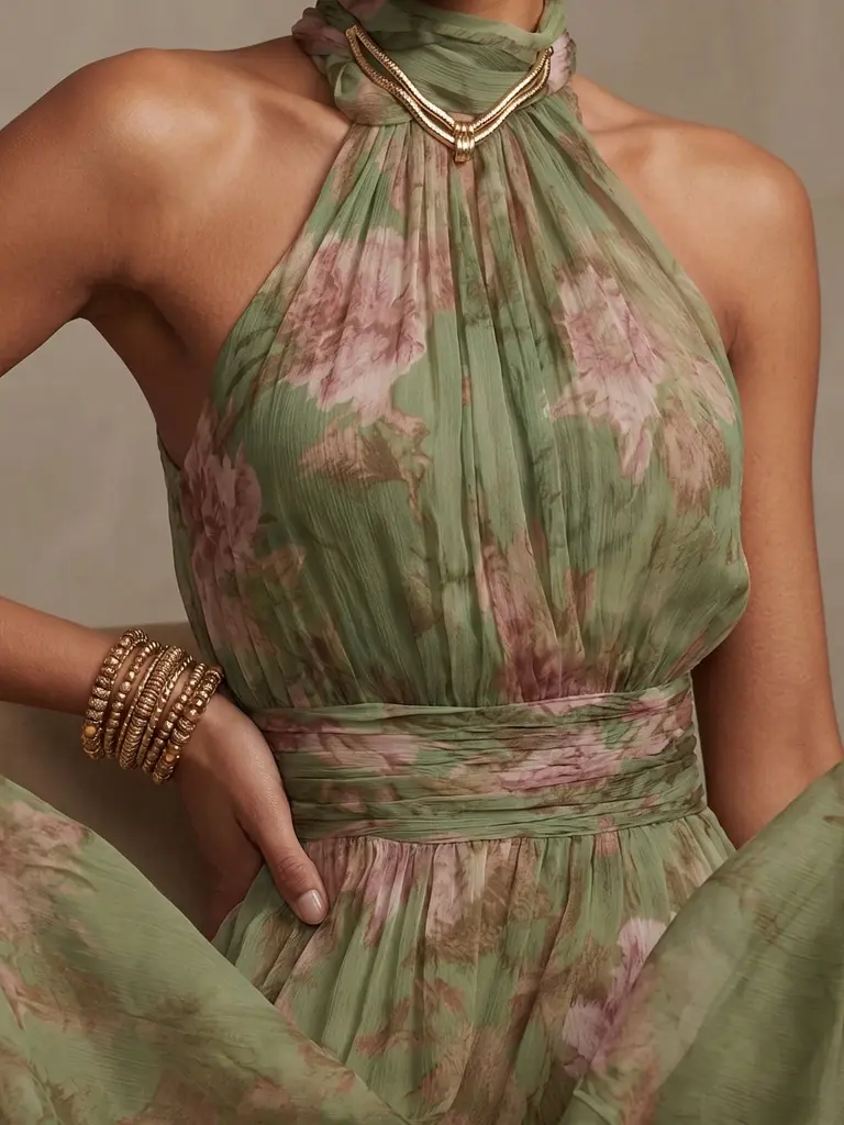 Green Floral Chiffon Halter Maxi Dress - Image 6