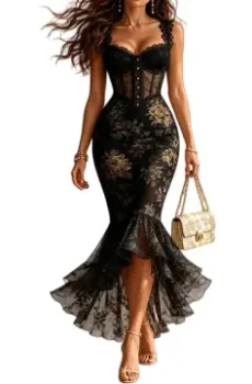 Black Romantic Floral Midi Mermaid Dress with Lace Trim