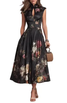 Black Keyhole Collar Floral Pleated Satin Midi Dress