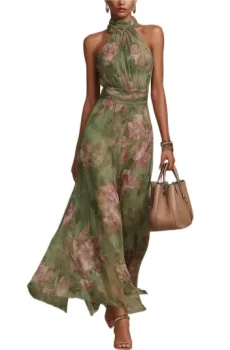 Green Floral Chiffon Halter Maxi Dress