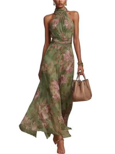 Green Floral Chiffon Halter Maxi Dress