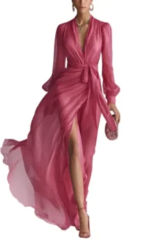 Elegant Rose Pink Chiffon V-neck Tie-waist Long Dress