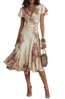 Elegant vintage floral satin midi dress