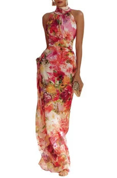 Red Chiffon Floral Halter-neck Sleeveless Maxi Dress