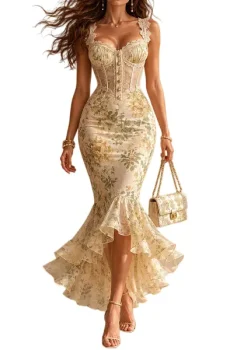 Romantic Floral Midi Mermaid Dress with Lace Trim