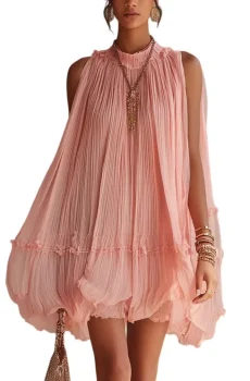 Pink Halter Neck Ruffled Chiffon Bubble Mini Dress