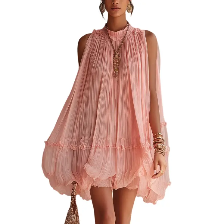 Pink Halter Neck Ruffled Chiffon Bubble Mini Dress