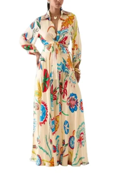 Vacation Tropical Floral Print Waist Tie Shirt & Maxi Skirt Boho Two Piece Set
