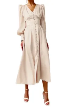 Satin Solid Balloon Sleeve V Neck Midi Dress