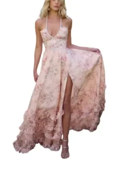Pink Floral Faux Pearl Frill Split Maxi Dress
