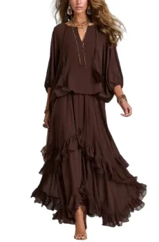 Brown Chiffon Tassel Drawstring V-neck Top Paired With A Ruffled Layered Skirt Set