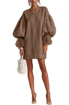 Brown Zip-Front Balloon Sleeve Mini Dress With Pleated Ruffle Cuffs