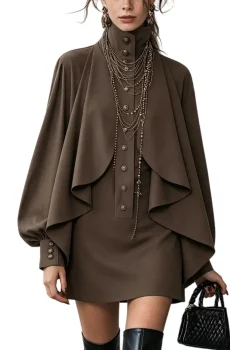 CHOCOLATE HIGH-NECK MINI DRESS WITH CAPE-STYLE PANELING