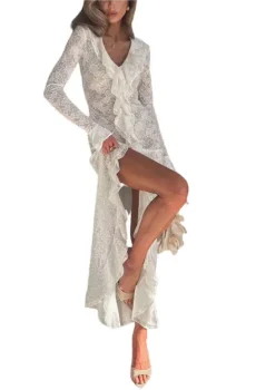 Slim-fit long-sleeve V-neck dress in lace and poly-cotton knit