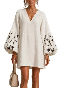 White V-neck Lantern Puff Sleeve Floral Print Mini Dress