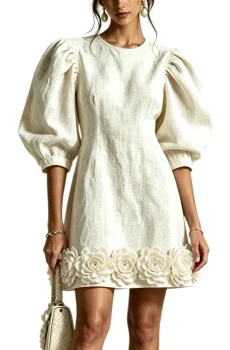 White 3D Floral Puff-Sleeve Cotton-Linen Mini Dress
