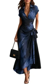 BLUE BLACK ABSTRACT PRINT WRAPMIDI DRESS COLLARED V NECK SHORTSLEEVE TIE WAIST RUFFLED HIGH-LOWHEM DRESS