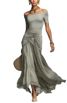 Grey Stretch Fabric And Chiffon Maxi Dress
