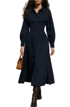 Navy Corset Waist Shirt Midi Dress