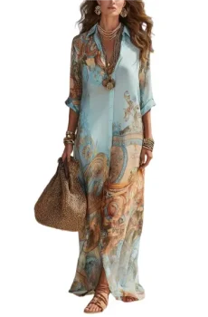 Vacation Blue Floral Print Shirt Maxi Dress