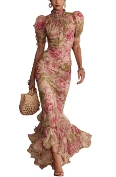 Vintage Rose Print Maxi Dress With Puff Sleeves（Accessories not included）
