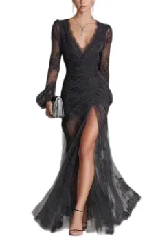 Dark Grey Lace Ruched Sheer Long Sleeve Slit Maxi Dress