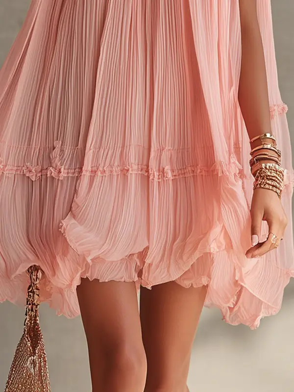 Pink Halter Neck Ruffled Chiffon Bubble Mini Dress - Image 4