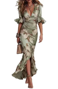 Green Floral Ruffled Bell Sleeve V-neck Satin Asymmetrical Maxi Dress