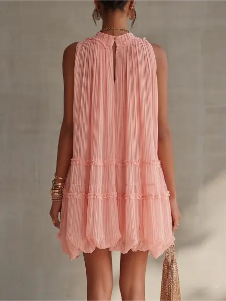 Pink Halter Neck Ruffled Chiffon Bubble Mini Dress - Image 2