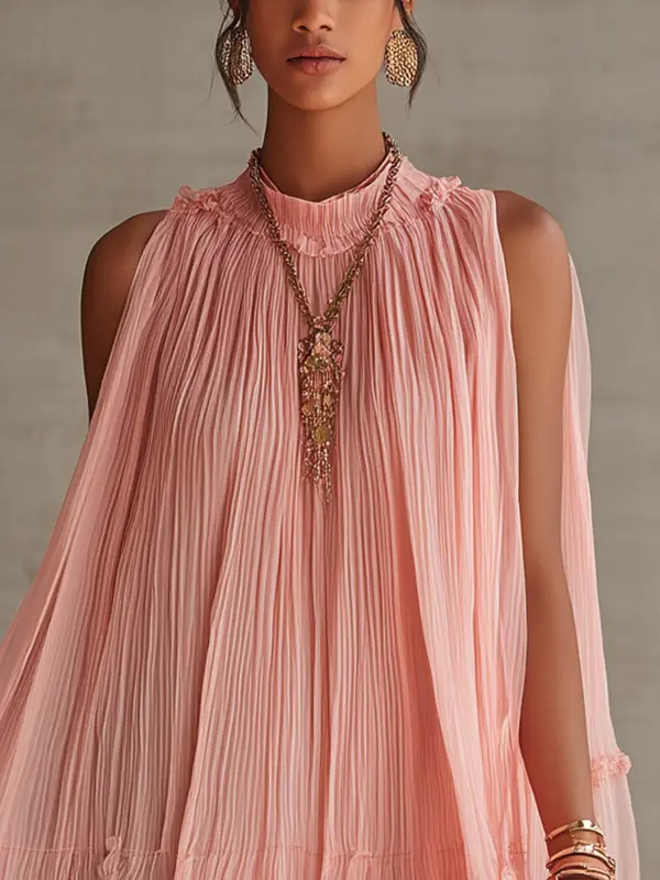 Pink Halter Neck Ruffled Chiffon Bubble Mini Dress - Image 5